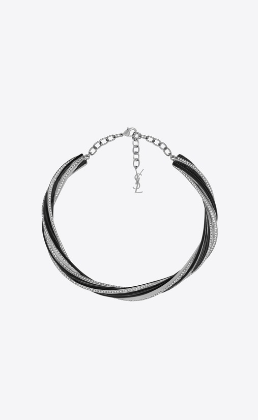 SAINT LAURENT Short Necklaces Woman SMOKING twisted necklace in silver-tone metal with black enamel and white crystals a_V4